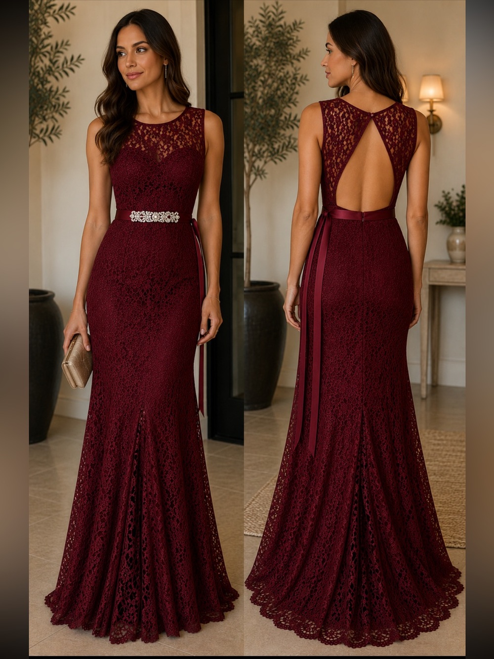 NWT Betsy & Adam Wine Lace Formal Dress Open Back
